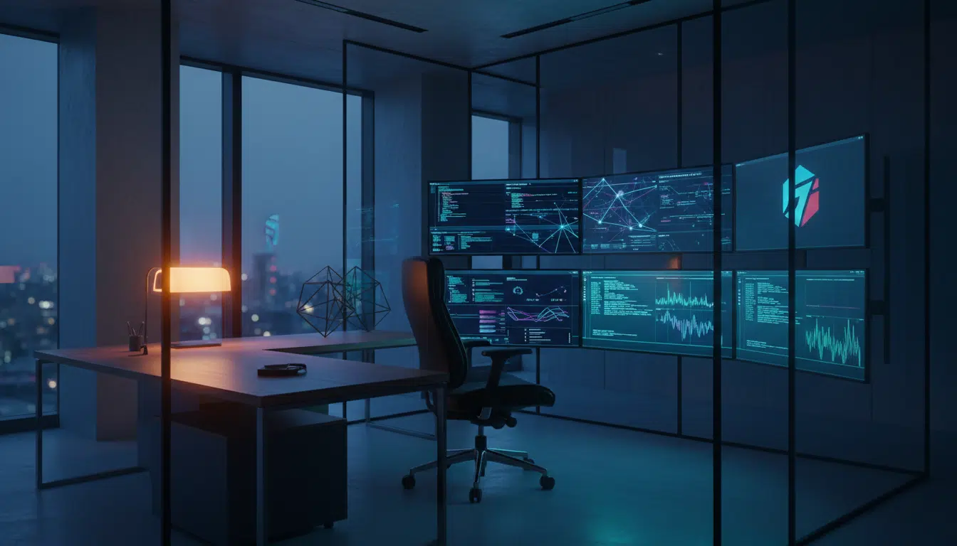 Bureau de cybersécurité vide avec écrans allumés