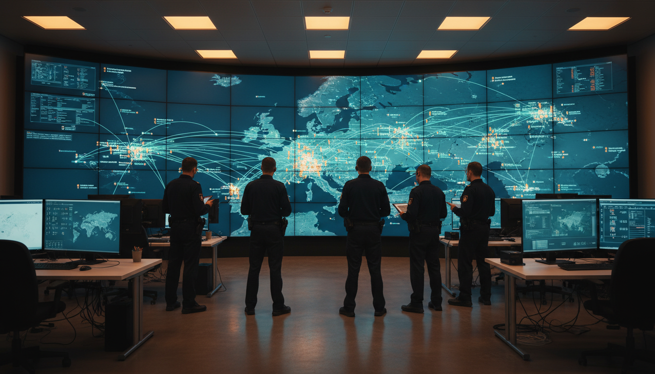 Salle d'opérations policière européenne avec écrans