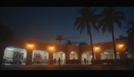 Entrée des urgences d'un hôpital de nuit en Guadeloupe
