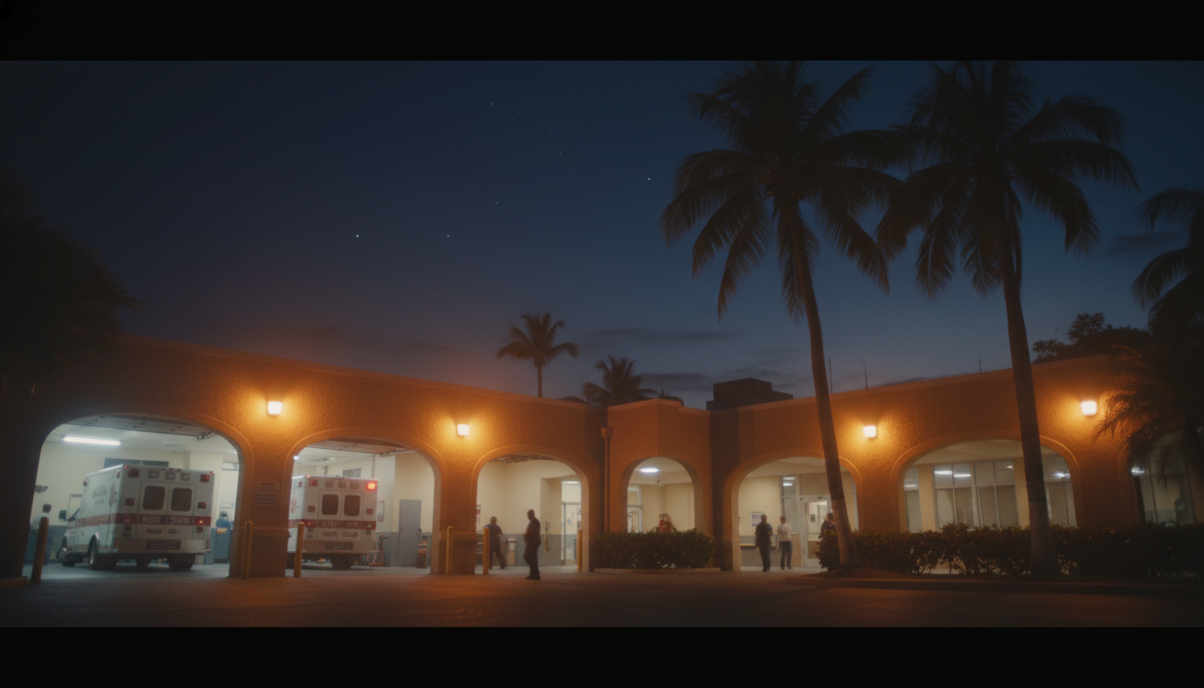 Entrée des urgences d'un hôpital de nuit en Guadeloupe