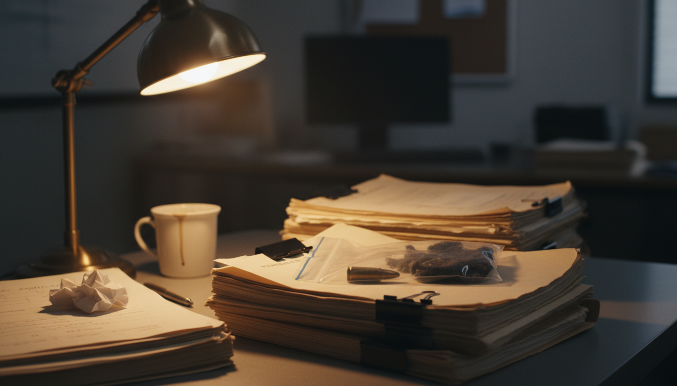 Bureau d'enquête policière avec dossiers et pièces à conviction