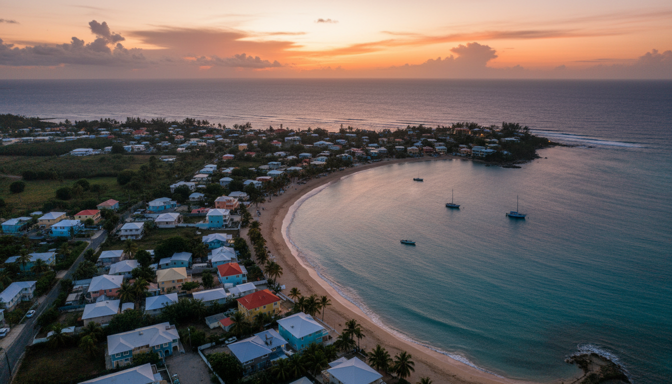 Vue aérienne de la commune du Gosier en Guadeloupe au crépuscule