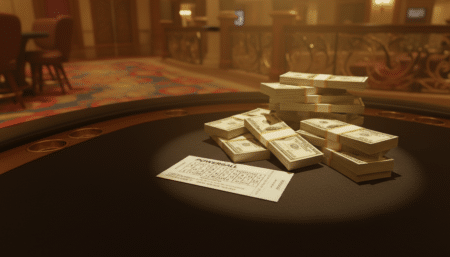 Ticket de loterie Powerball posé sur une table de casino
