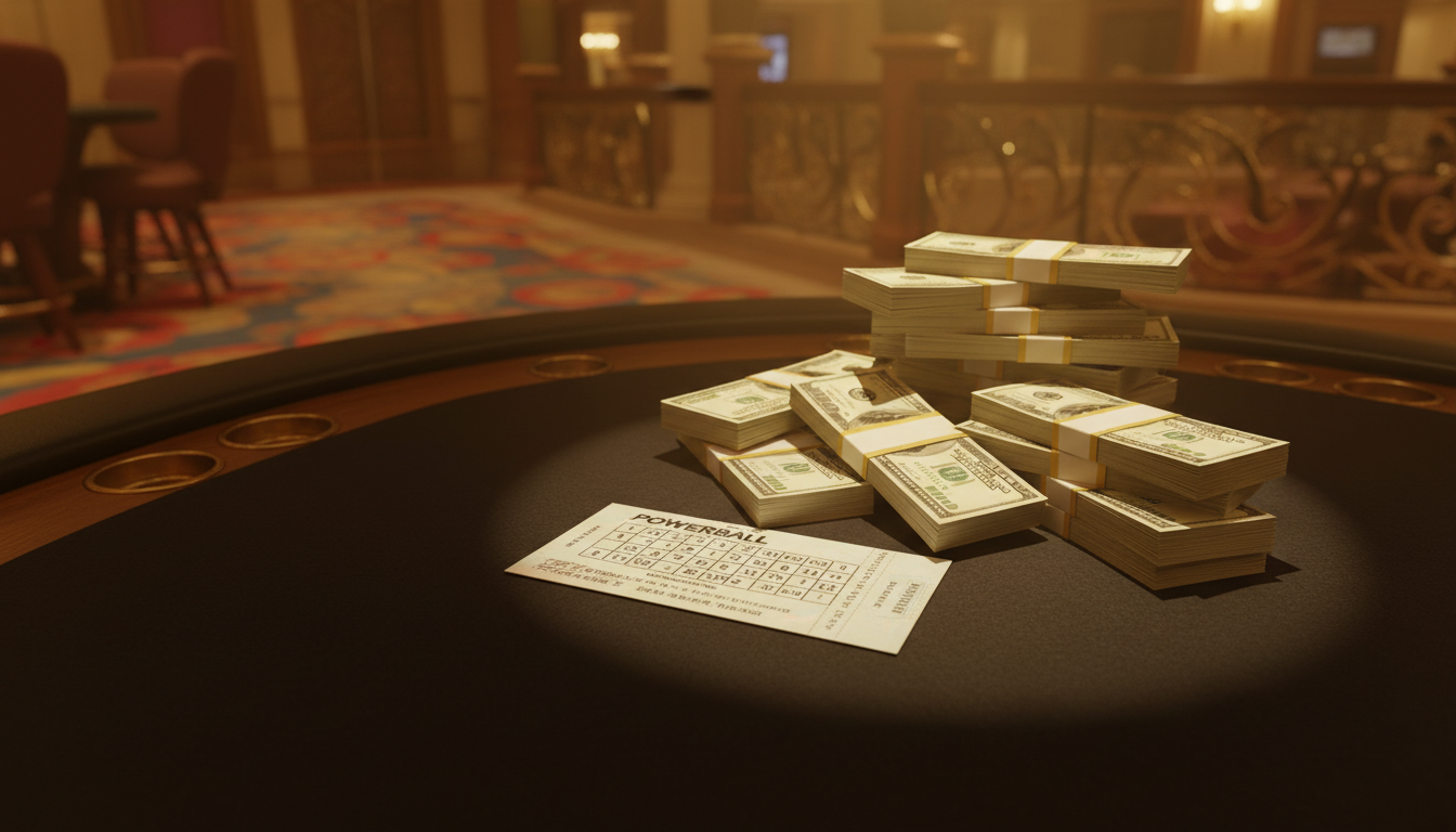 Ticket de loterie Powerball posé sur une table de casino