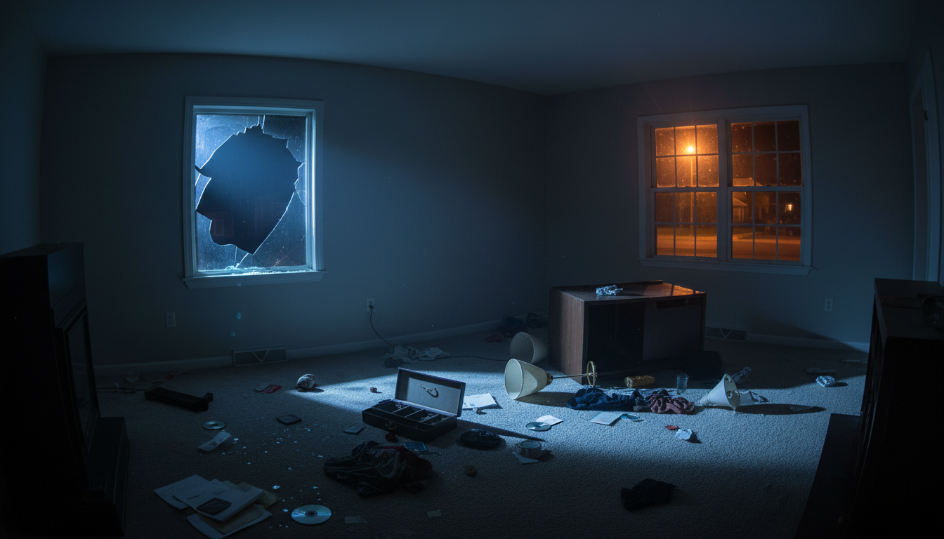 Intérieur d'une maison américaine cambriolée de nuit