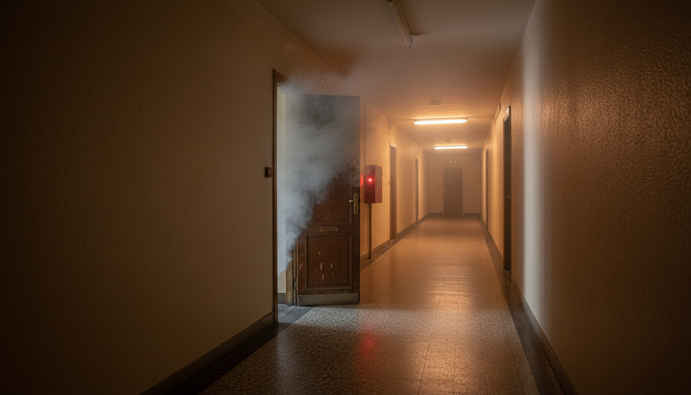 Fumée s'échappant sous une porte d'appartement la nuit