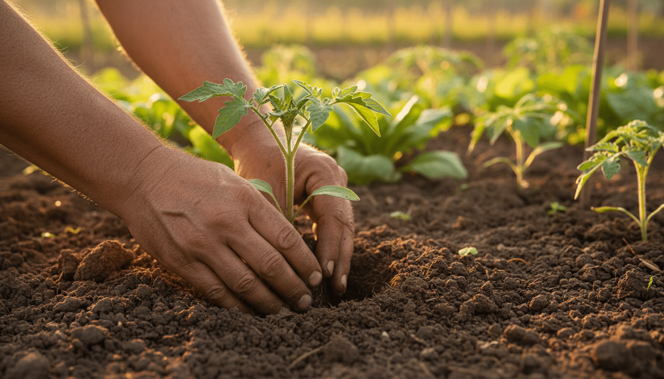 Jardinier enterrant un plant de tomate profondément dans le sol
