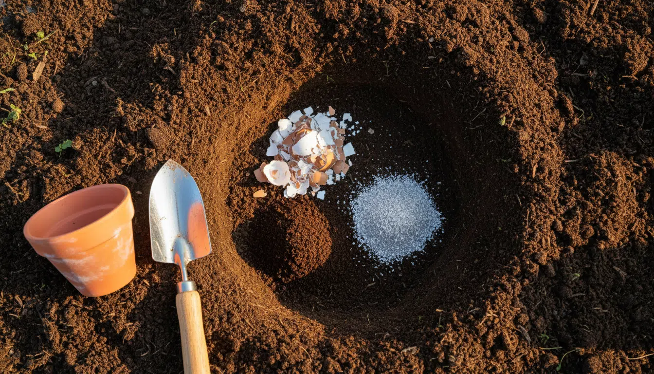 Coquilles d'œuf, marc de café et cendre au fond du trou de plantation