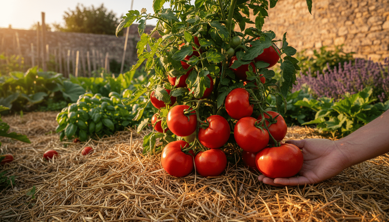 Tomates mûres et abondantes sur un plant bien paillé au potager