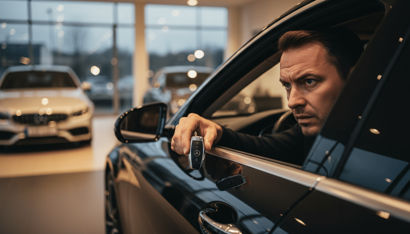 Main tenant une clé de voiture dans une concession Mercedes