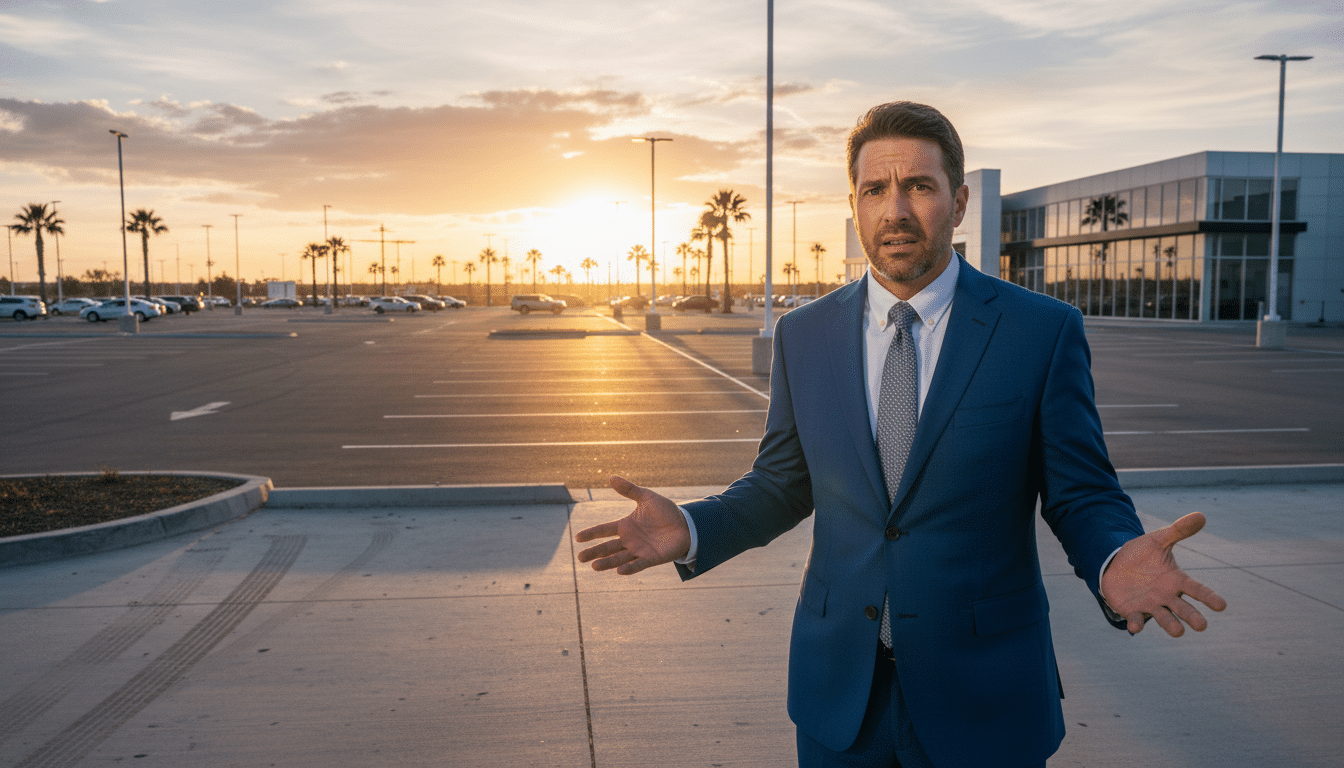 Vendeur automobile inquiet devant une place de parking vide