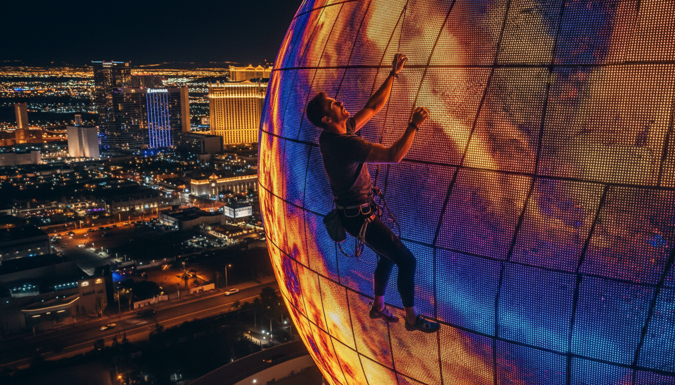 Homme escaladant la Sphere de Las Vegas de nuit