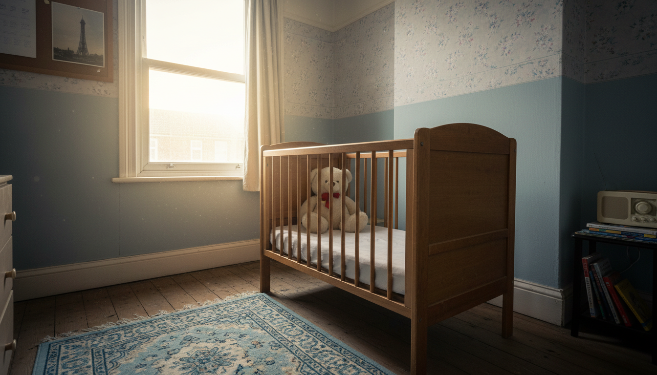 Lit de bébé vide dans une chambre à Blackpool