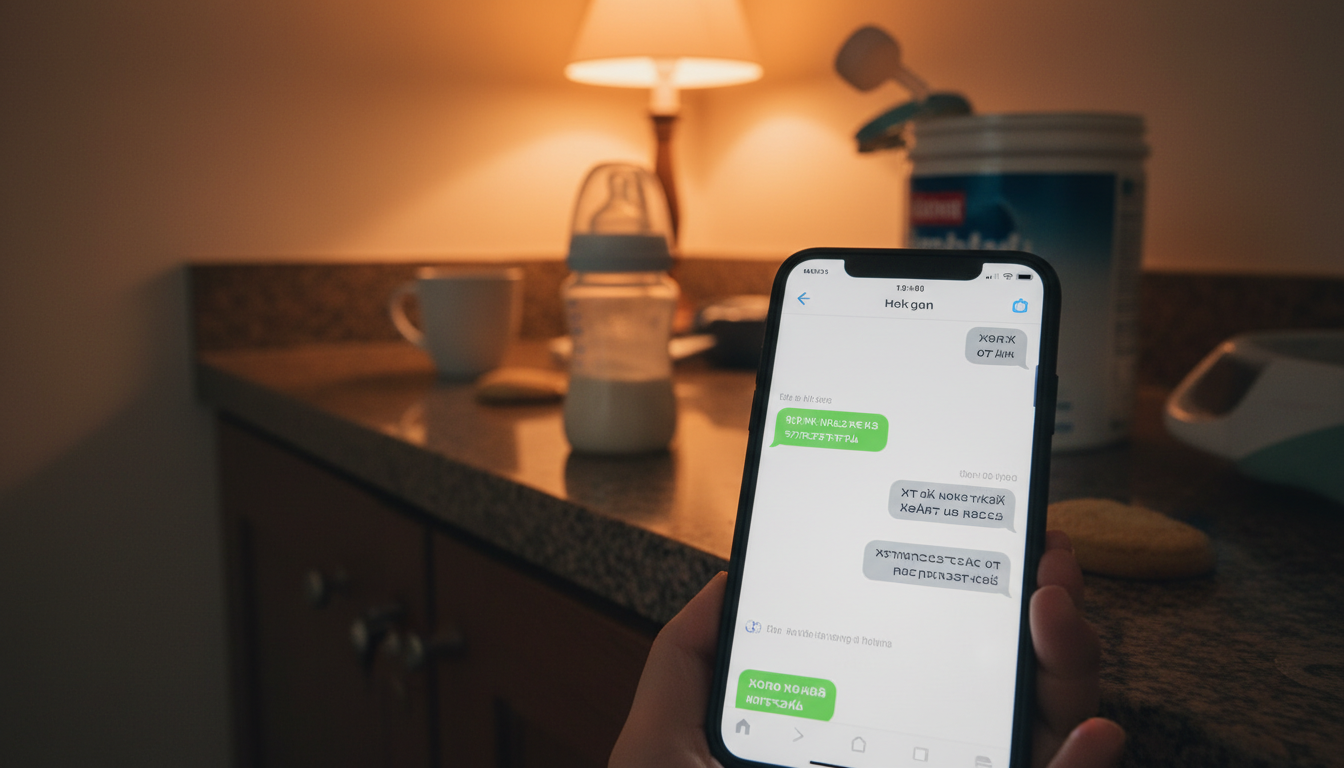 Smartphone affichant des messages dans une cuisine avec biberon