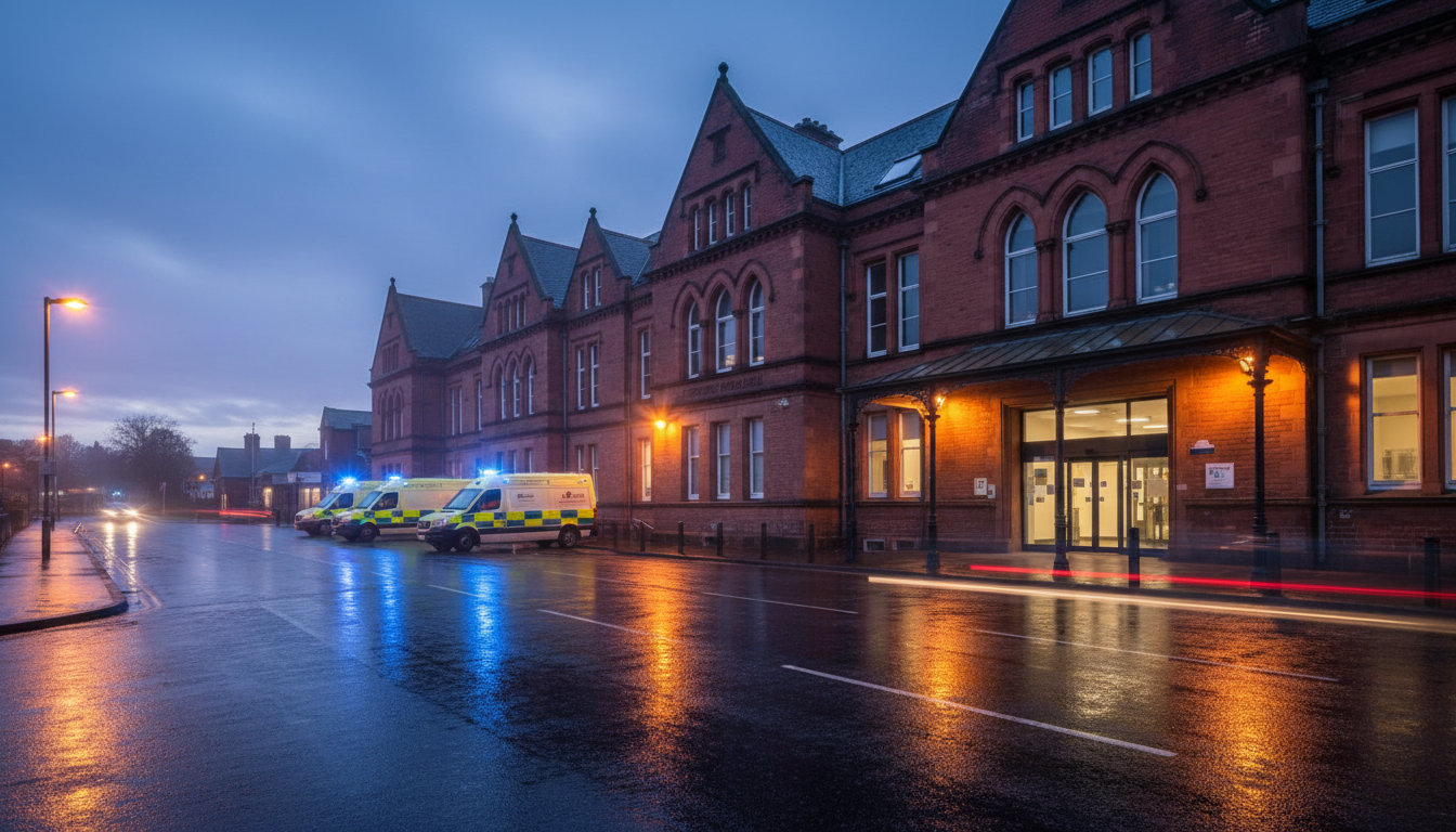 Entrée des urgences d'un hôpital britannique au crépuscule