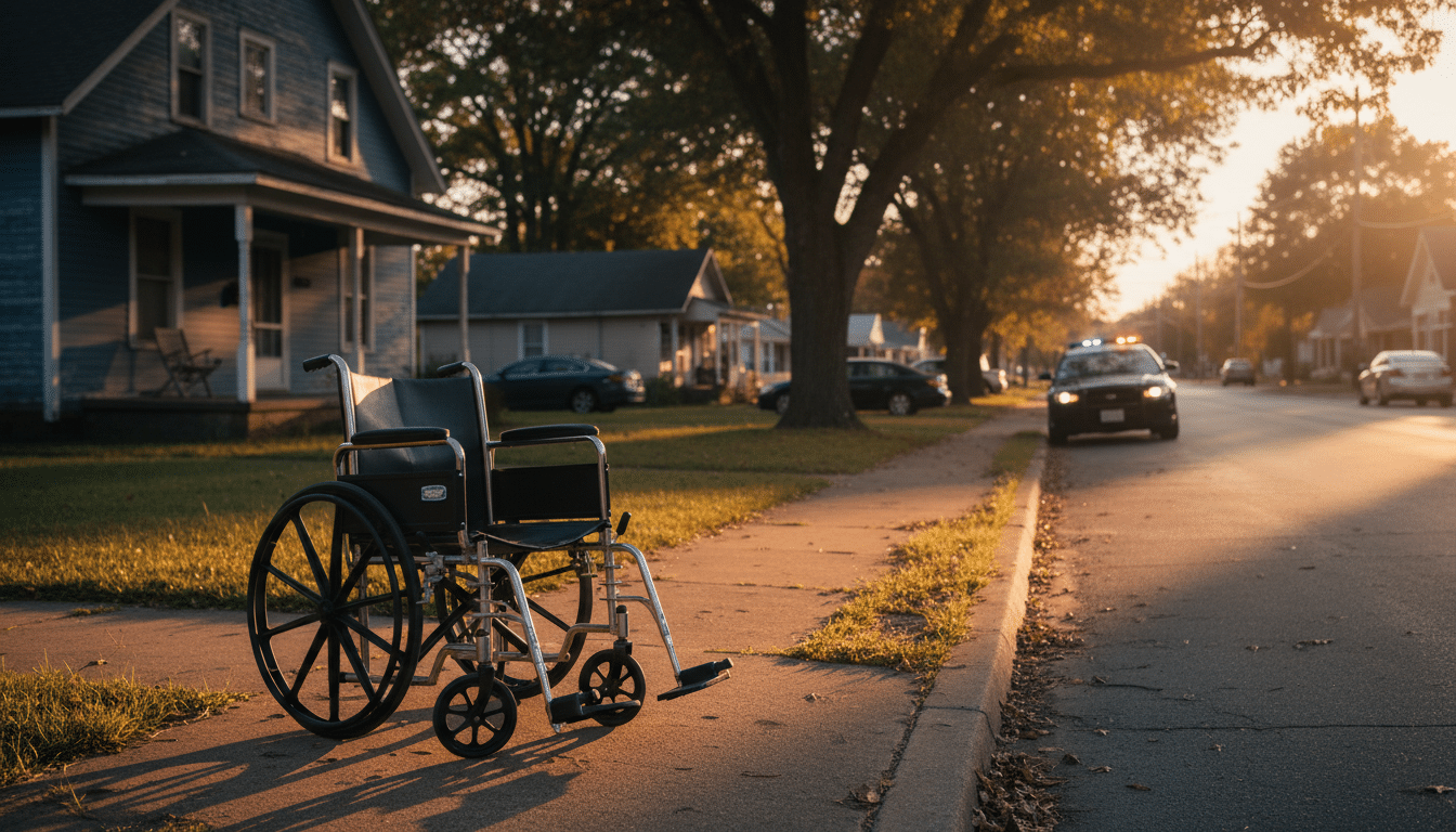 Fauteuil roulant dans une rue résidentielle avec voiture de police