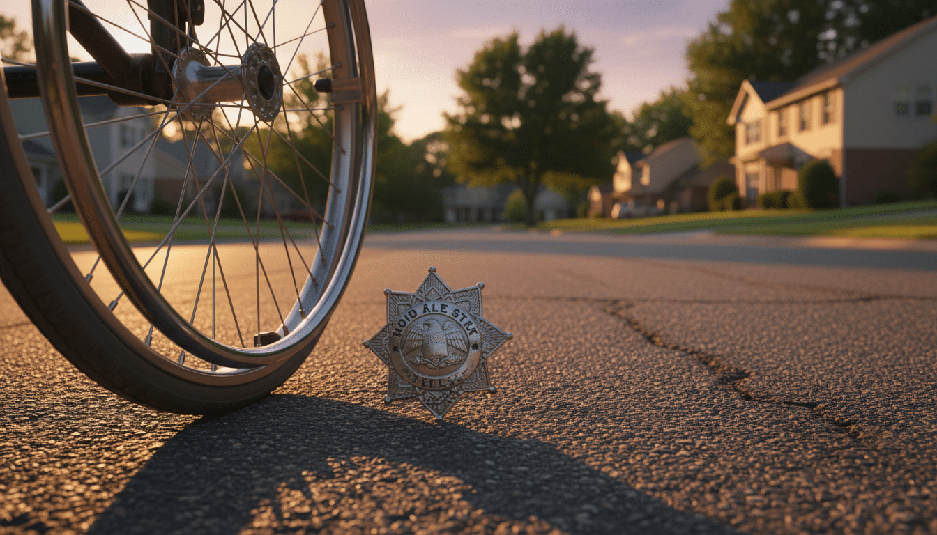 Fauteuil roulant et badge de police au sol