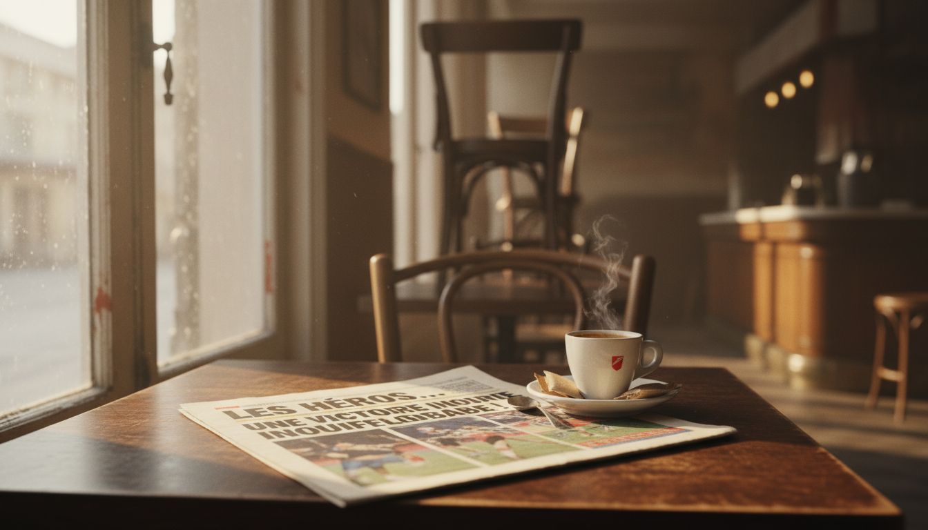 Une de journal sportif posée sur une table de café en lumière matinale