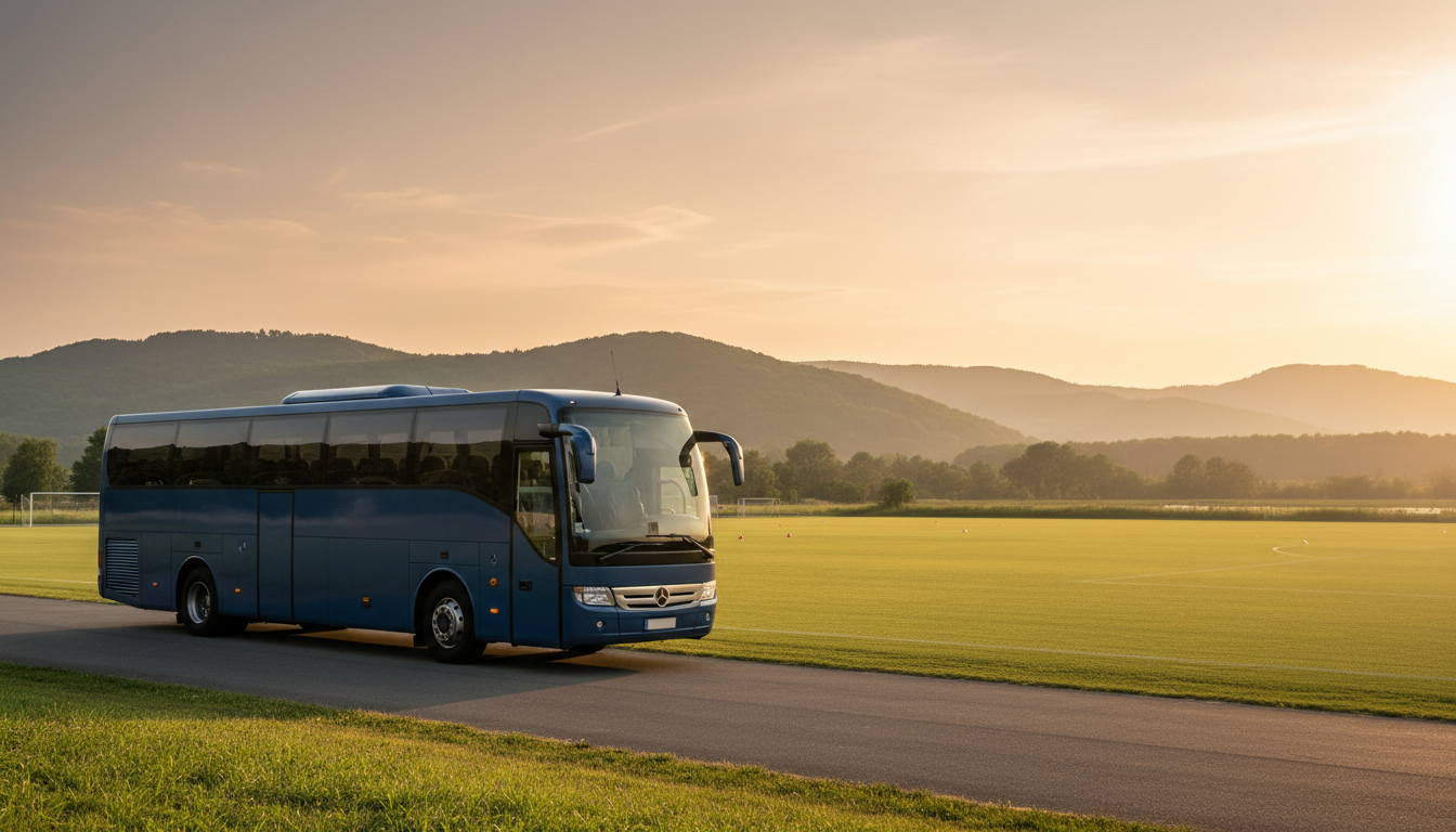 Bus d'équipe de football garé près d'un terrain d'entraînement verdoyant, évoquant Knysna 2010