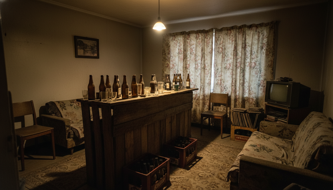 Salon modeste des années 1990 avec un bar improvisé couvert de bouteilles vides, évoquant l'atmosphère oppressante de l'enfance de Charlize Theron