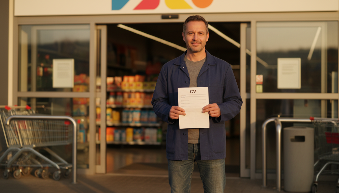 Ronny devant le magasin Action avec son CV