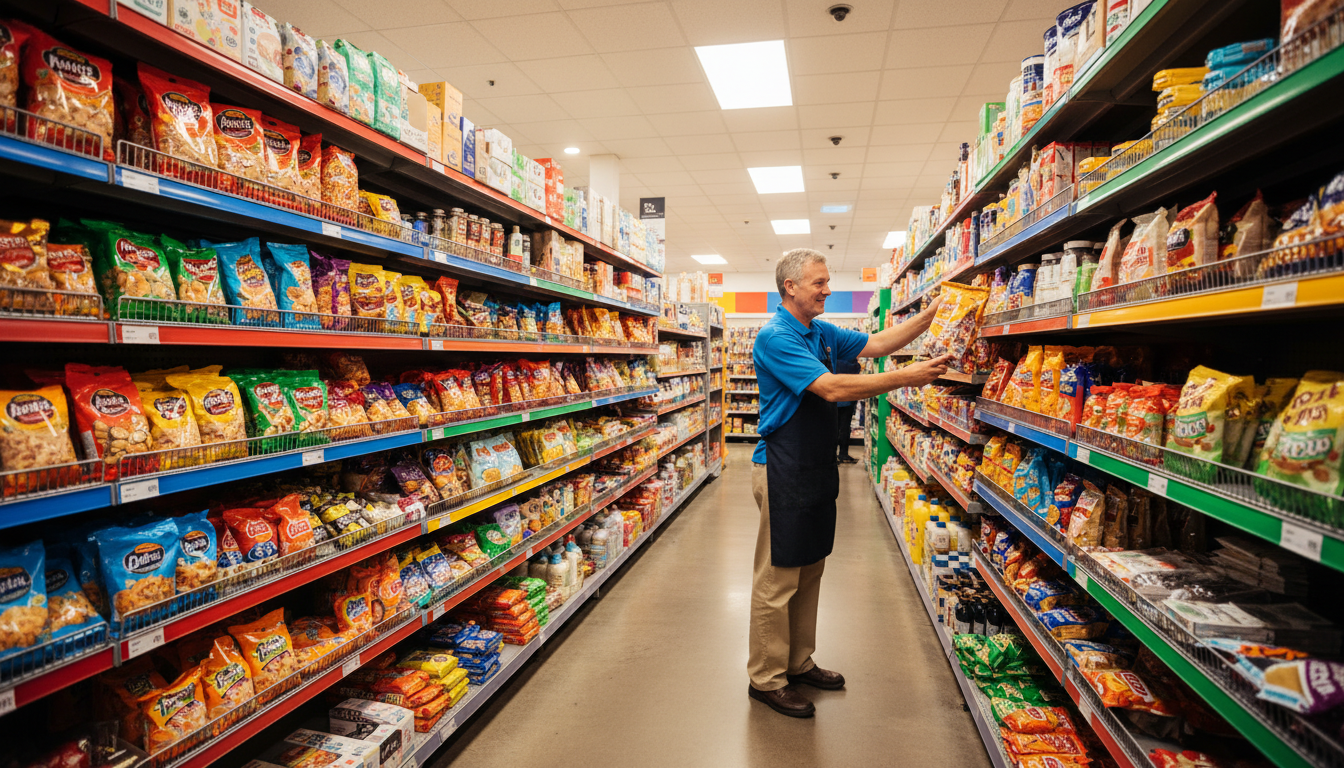 Employé rangeant les rayons d'un magasin Action
