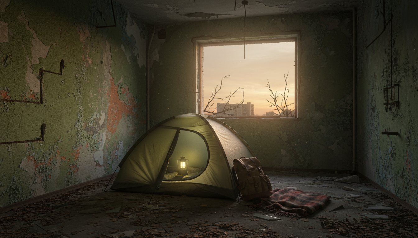 Tente dans une maison abandonnée où dort Ronny