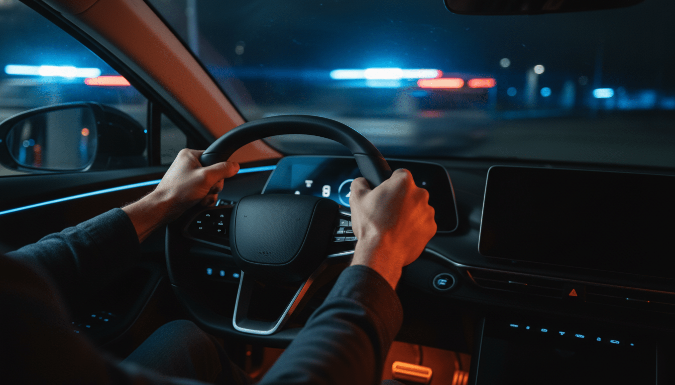 Mains crispées sur le volant d'une Tesla sous gyrophares