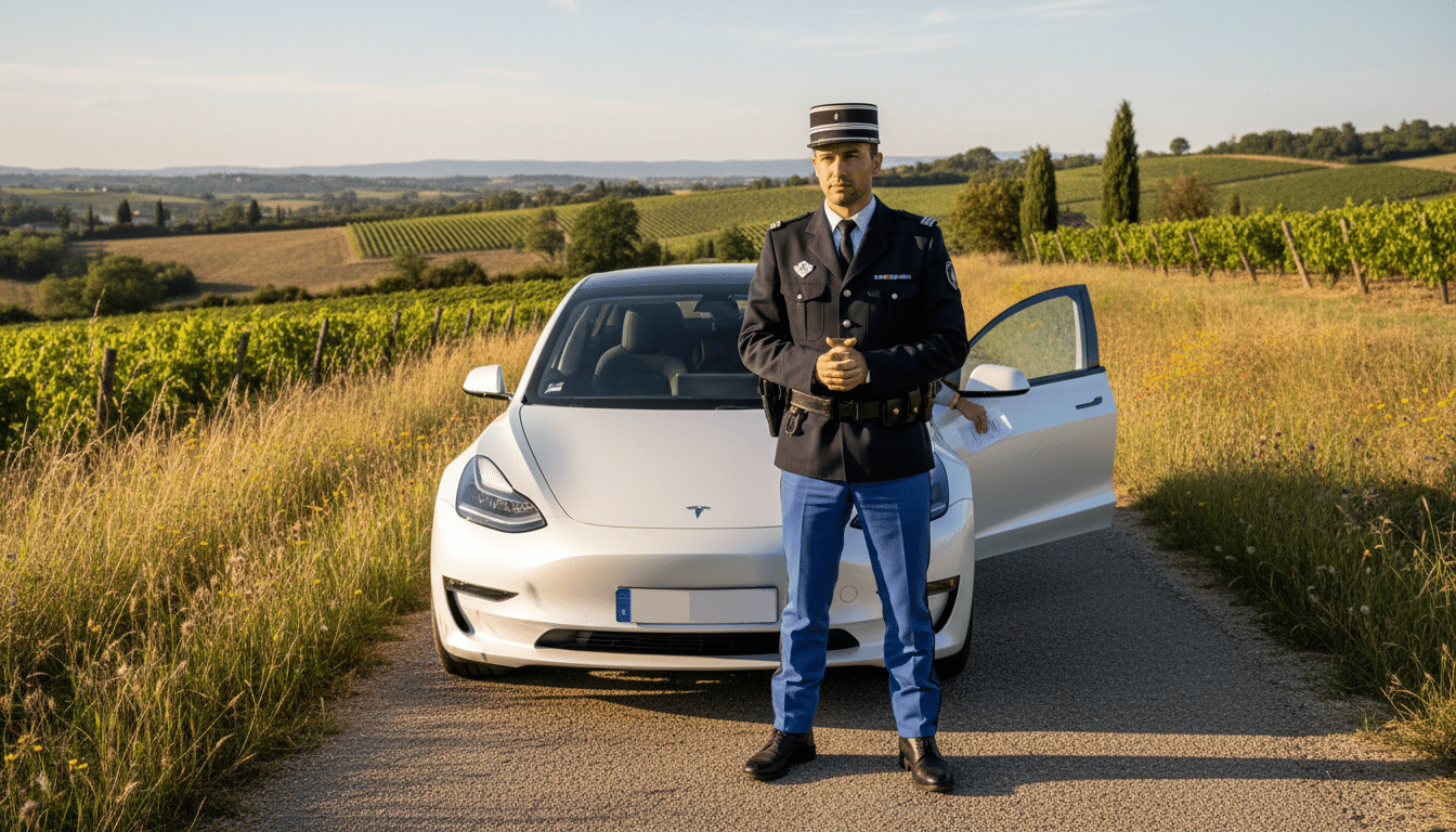 Gendarme français contrôlant une Tesla Model 3