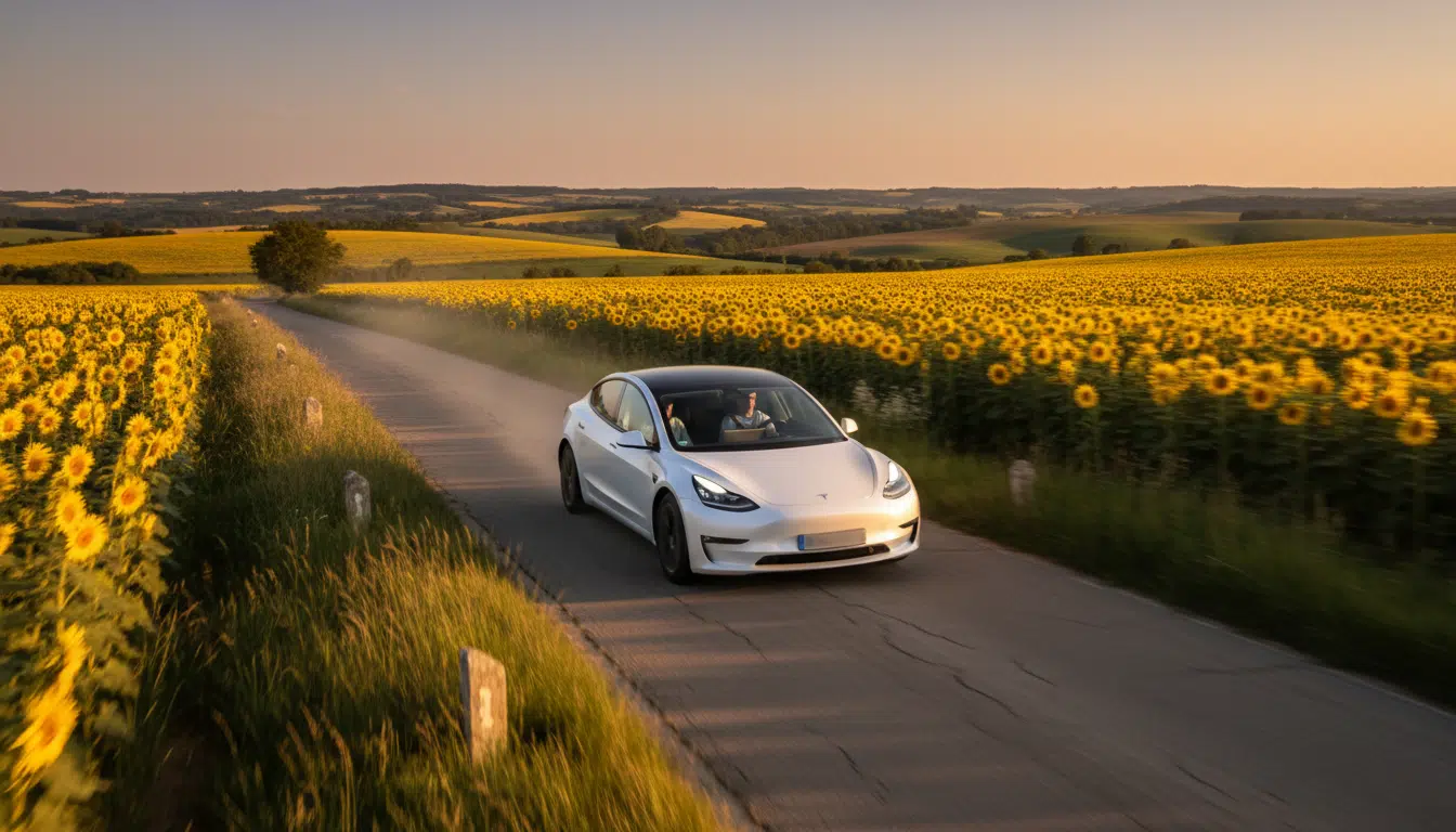 Tesla Model 3 lancée à grande vitesse sur route du Gers
