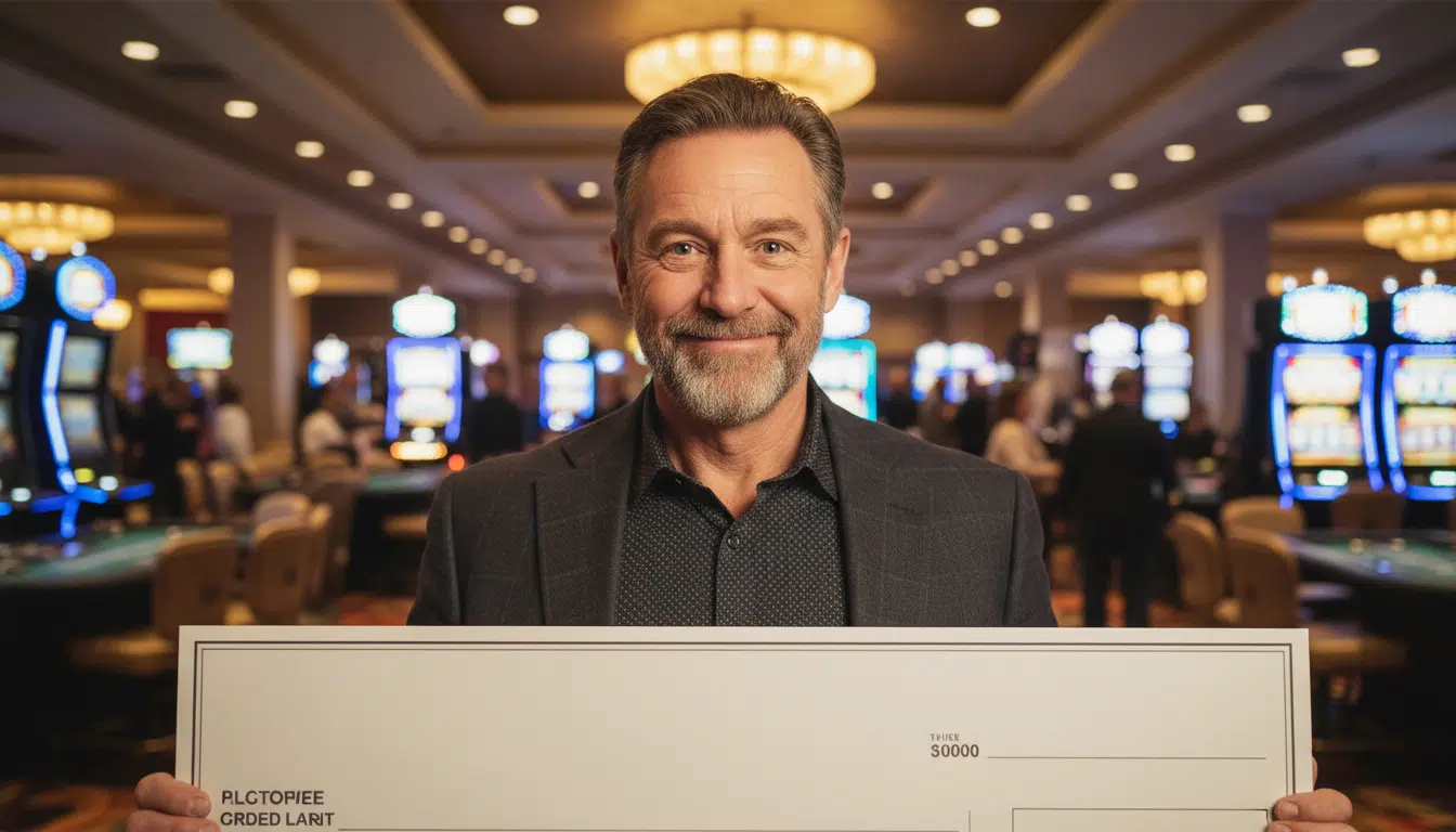 Homme fier tenant un chèque géant de loterie