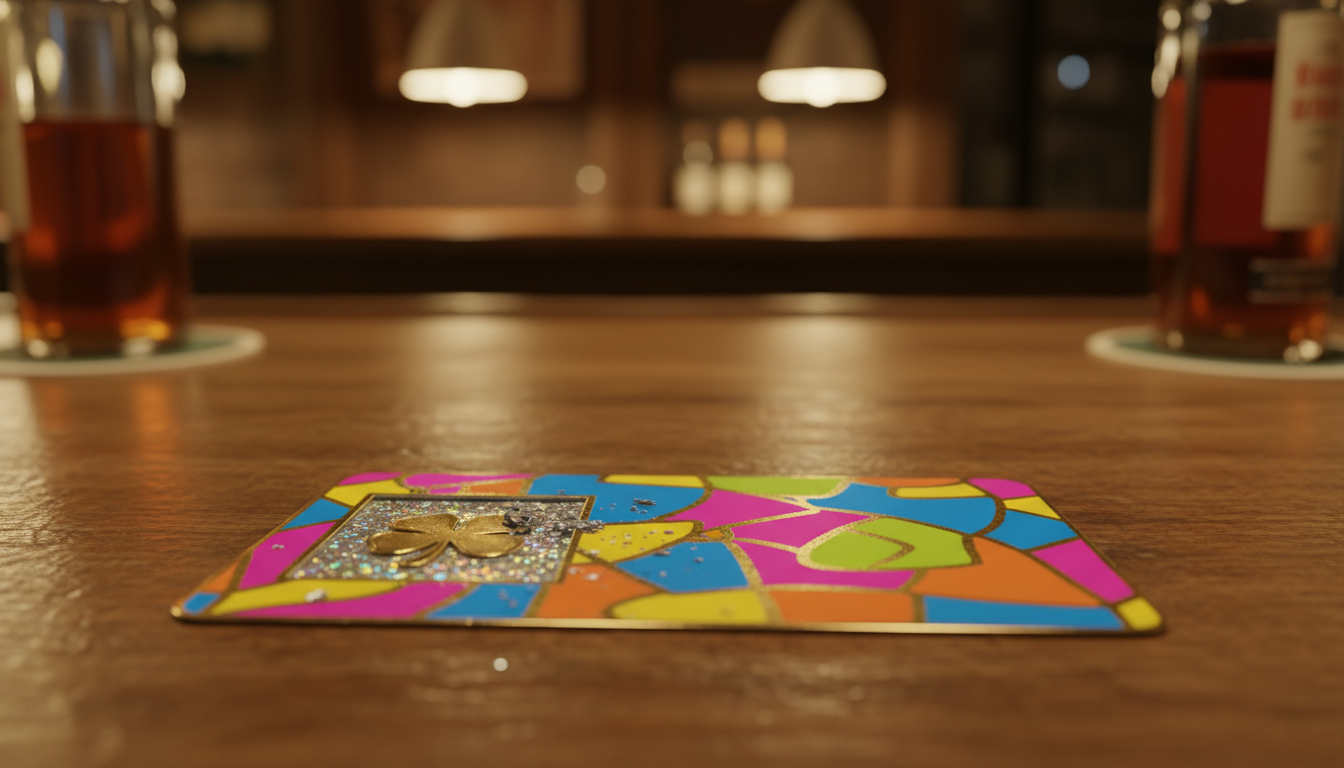 Ticket à gratter gagnant posé sur un comptoir de bar