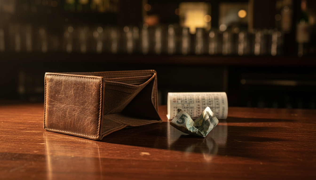 Portefeuille vide et billet de cinq euros sur comptoir