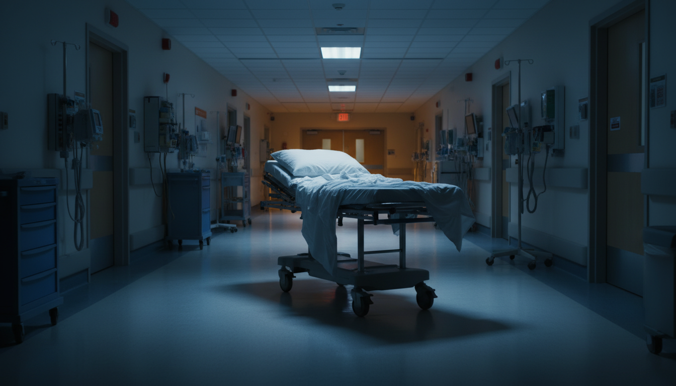 Couloir d'urgences hospitalières avec un brancard vide