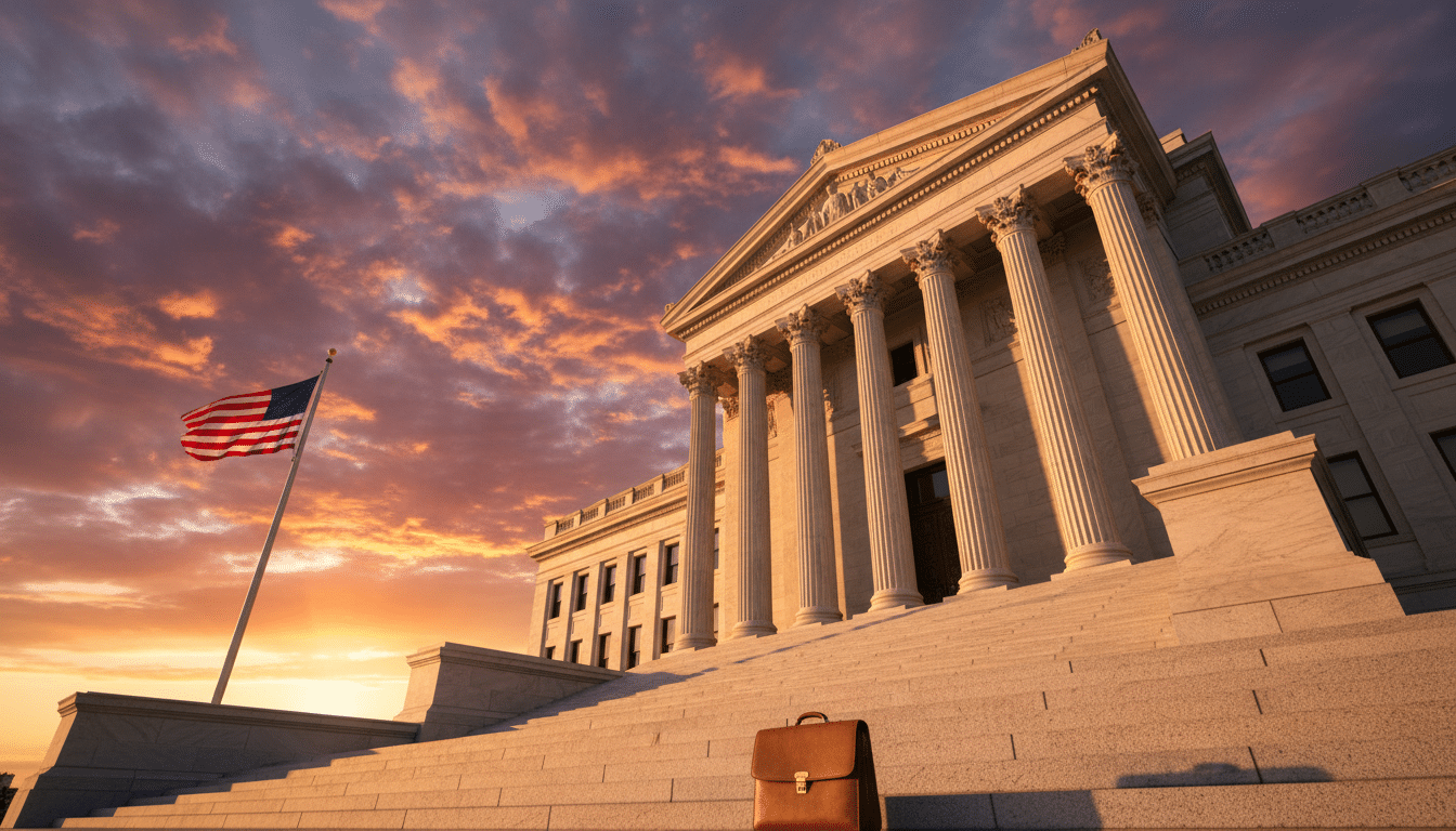 Façade d'un tribunal américain au coucher du soleil