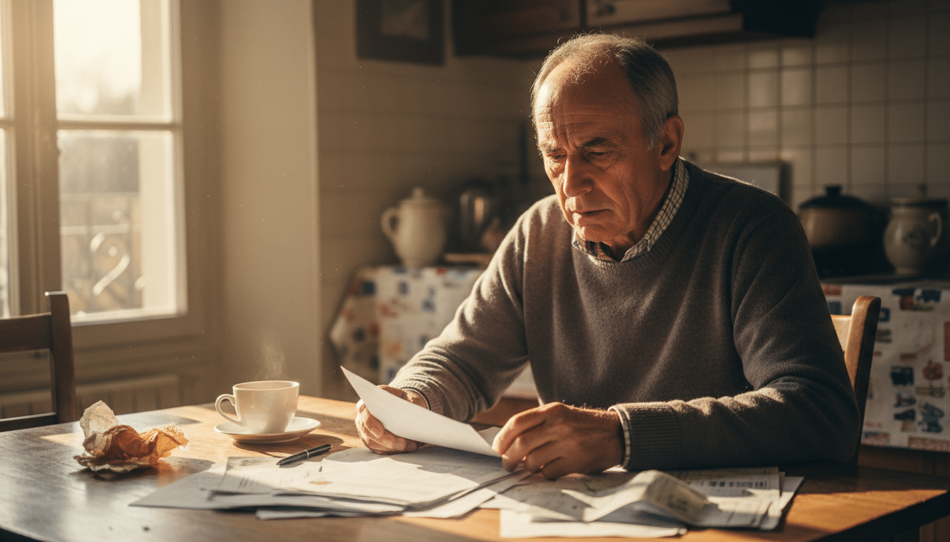 Retraité inquiet examinant ses factures à table
