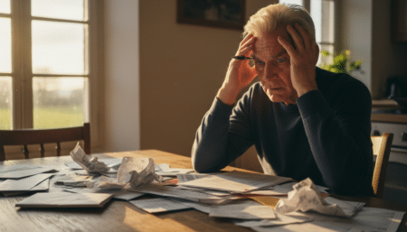 Retraité inquiet devant ses factures et relevés bancaires