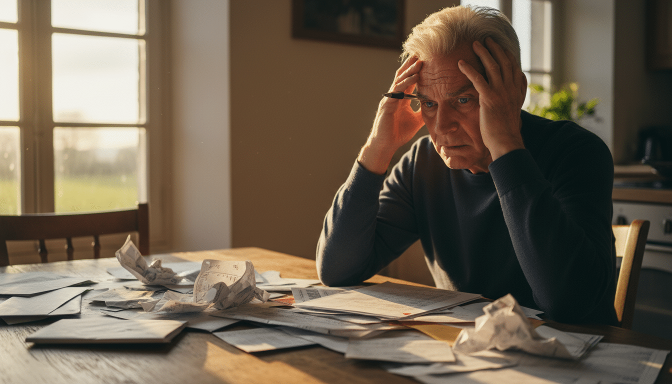 Retraité inquiet devant ses factures et relevés bancaires