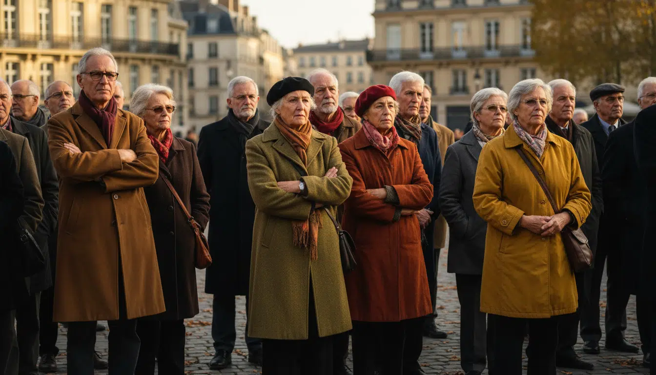 Groupe de retraités français réunis sur une place