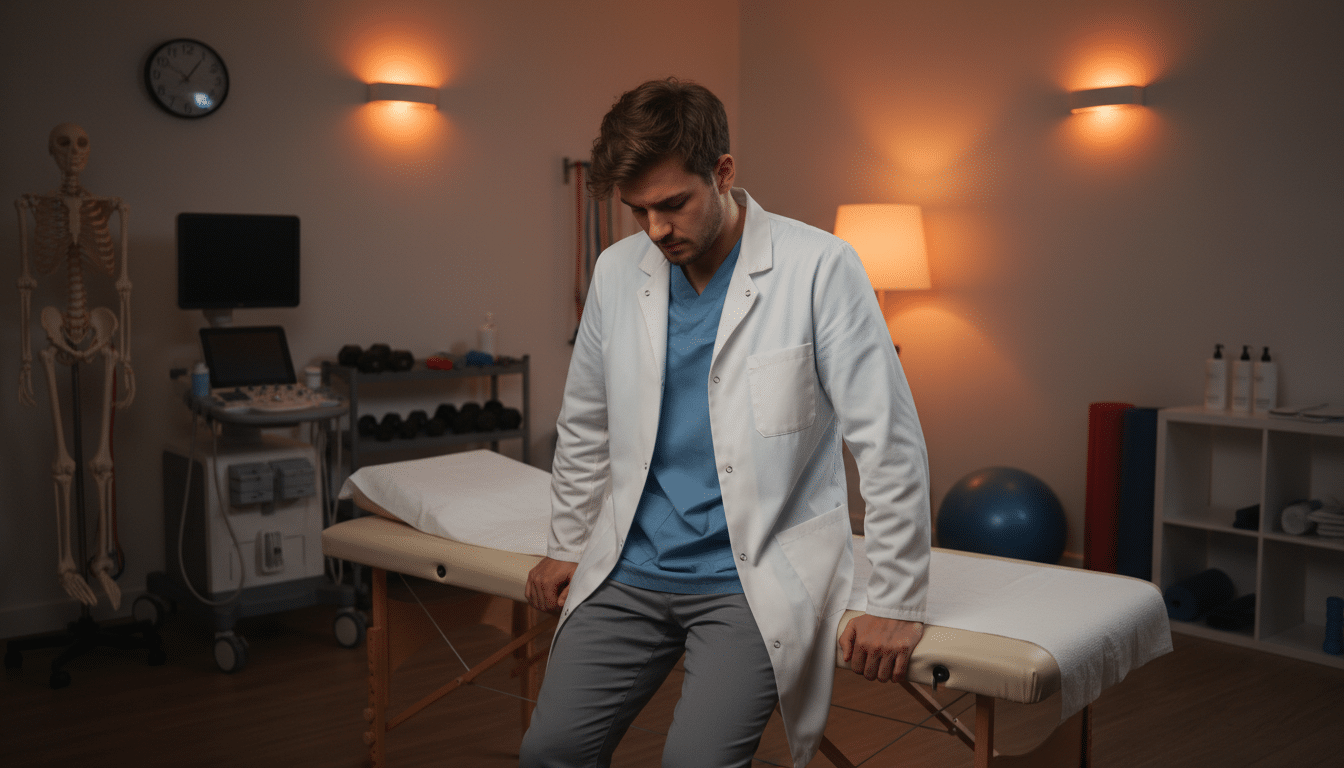 Kinésithérapeute épuisé dans son cabinet médical