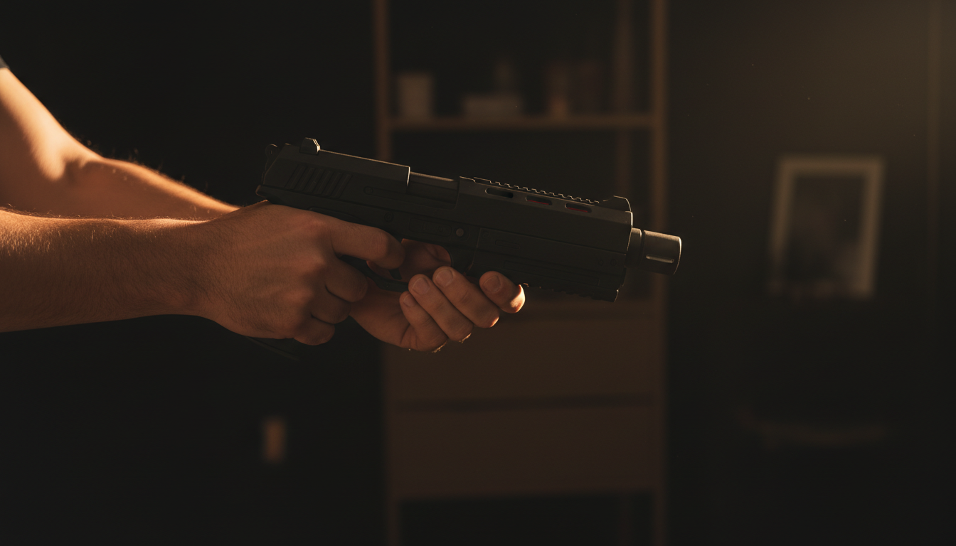 Close-up of hands of a man in his thirties holding a black toy pistol in a dimly lit room, dramatic warm side lighting casting shadows, tense and threatening atmosphere, dark background