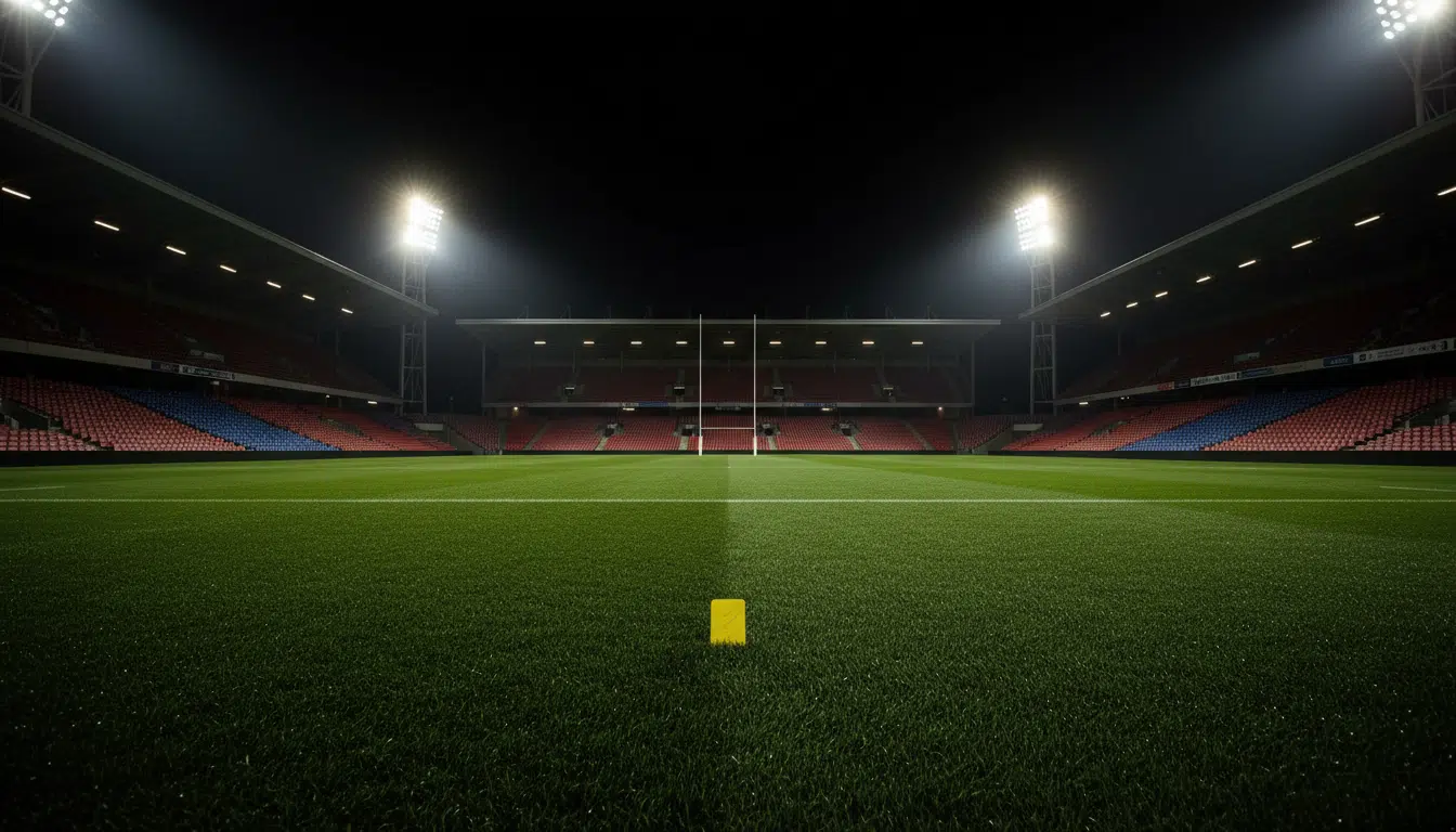 Carton jaune sur la pelouse d'un stade de rugby éclairé en soirée, symbolisant la sanction reçue par Antoine Dupont