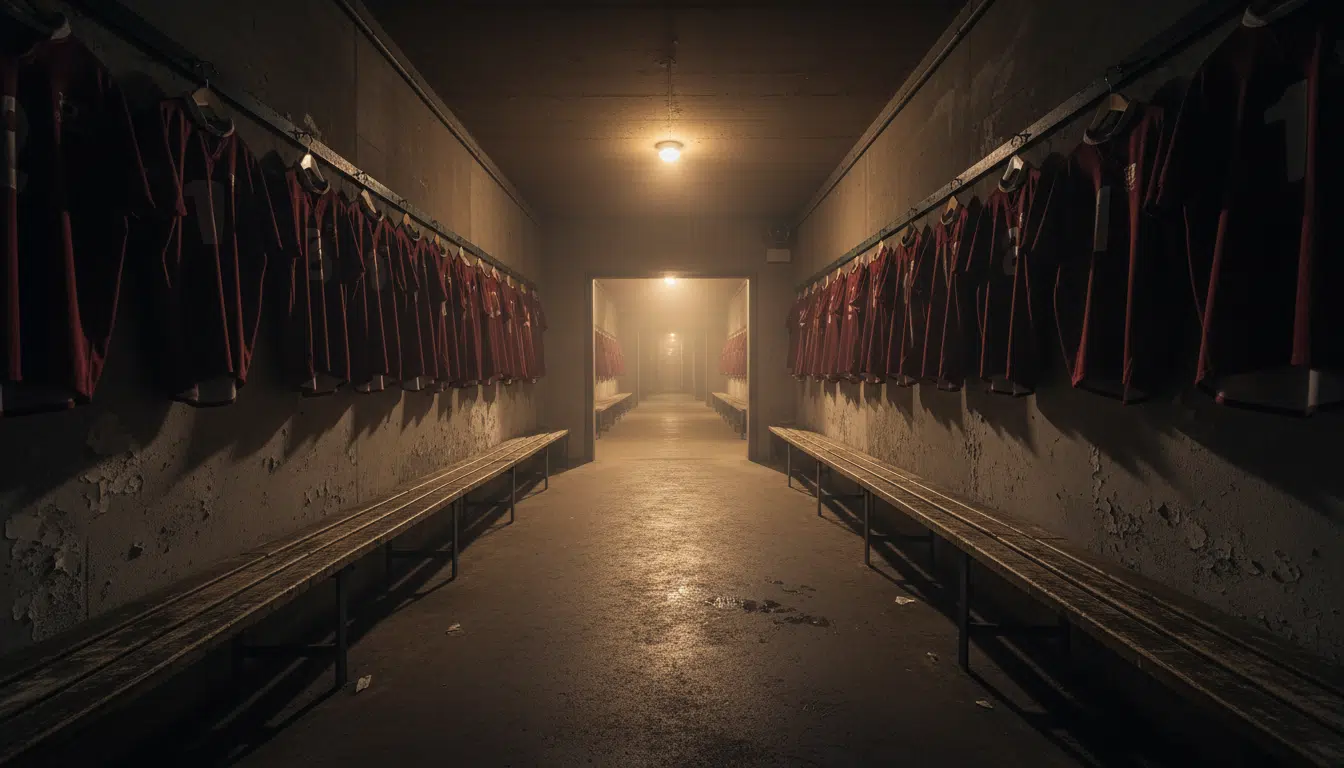 Vestiaire sombre d'un stade de rugby avec des maillots rouges accrochés, ambiance de défaite après l'élimination de Toulouse