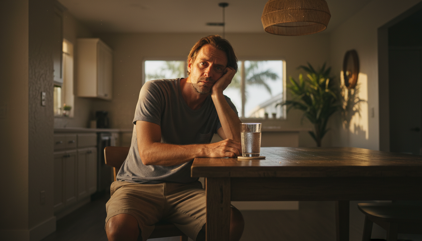 Homme fatigué assis à une table de cuisine en Floride