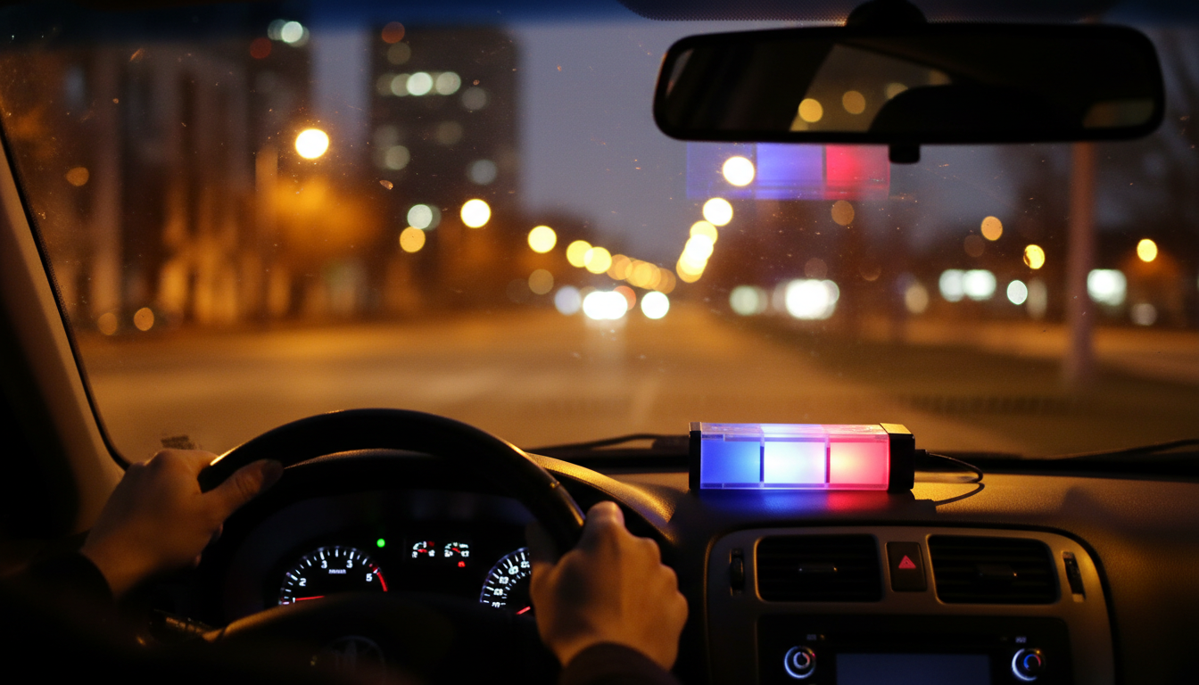 Éthylotest sur le tableau de bord d'une voiture lors d'un contrôle de nuit