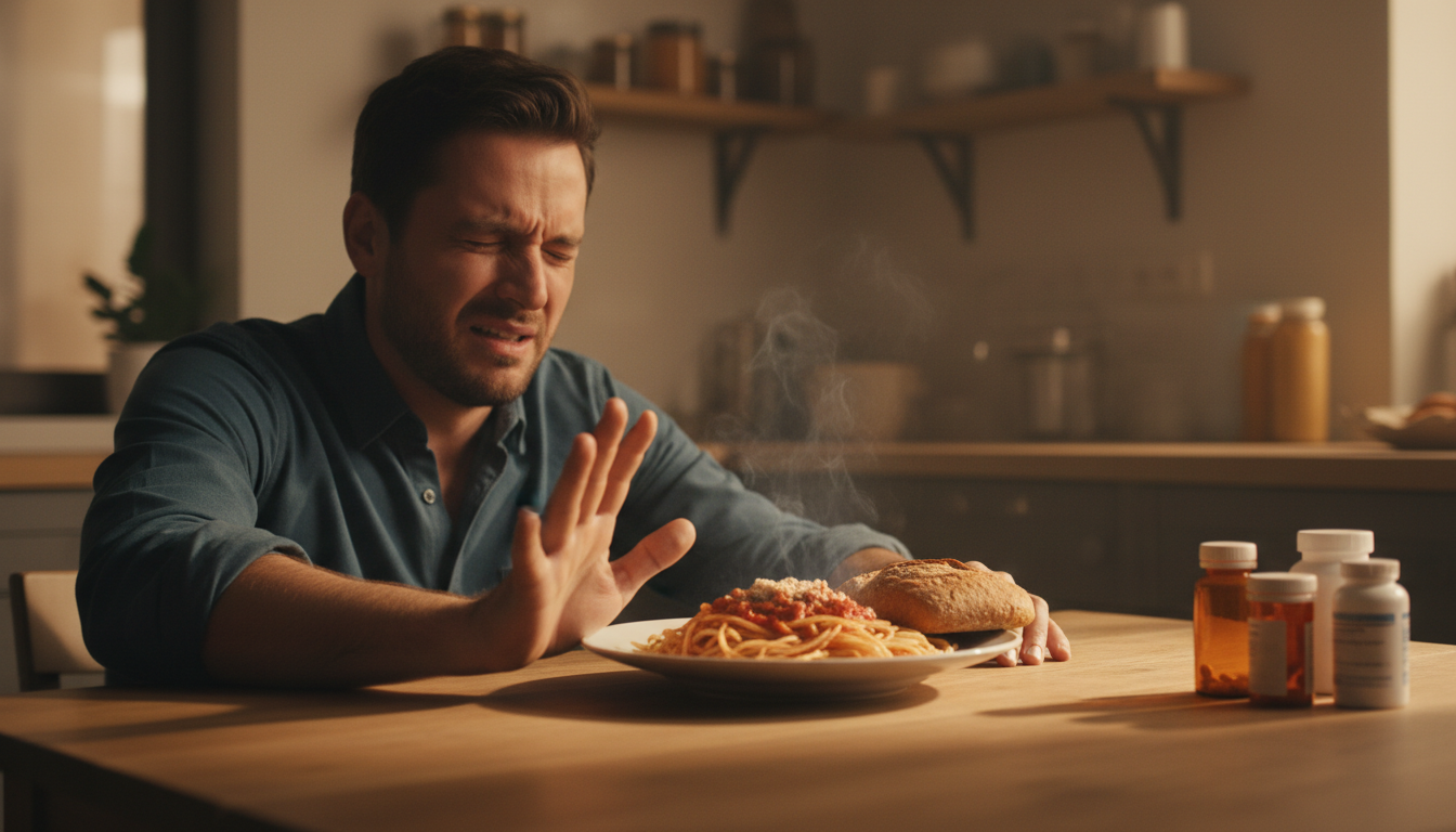 Homme repoussant une assiette de pâtes dans sa cuisine