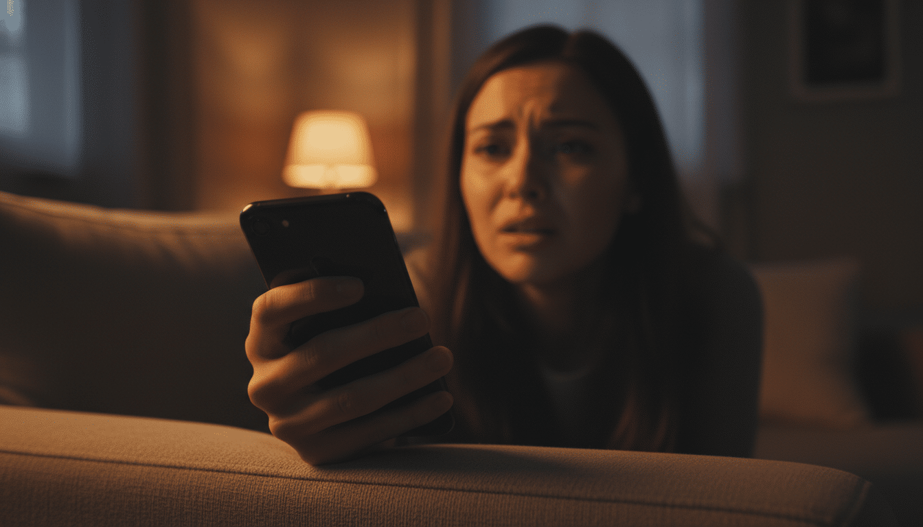 Femme en détresse tenant un téléphone la nuit