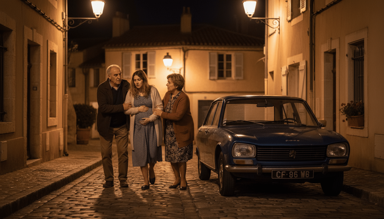 Parents aidant une femme enceinte à rejoindre une voiture de nuit