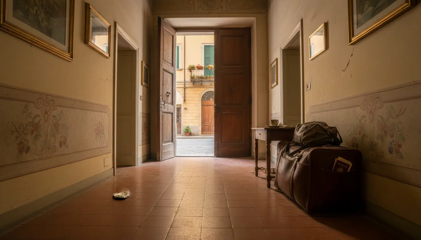 Valise et porte ouverte dans un appartement italien