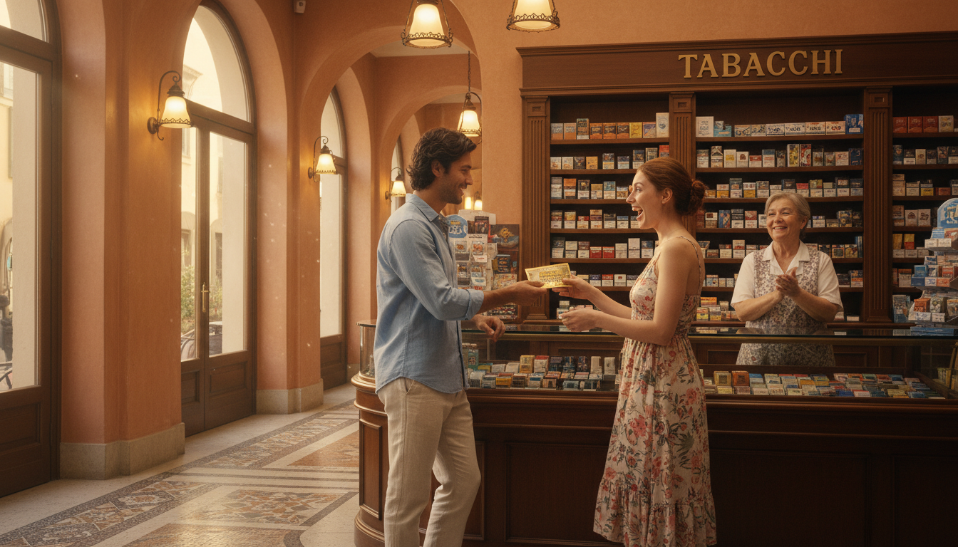 Homme offrant un ticket à gratter dans un centre commercial italien